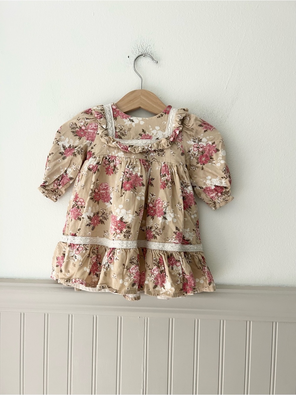 Haute Hippie 0-3 Months Cottagecore Beige Floral Dress with Pink Roses